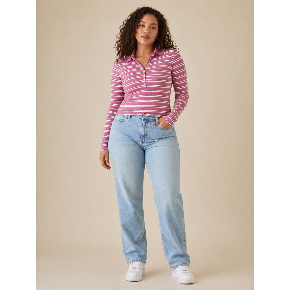 American Eagle Pink Stripe Long Sleeve Polo Shirt Stretch Y2K L Vintage - Picture 2 of 7